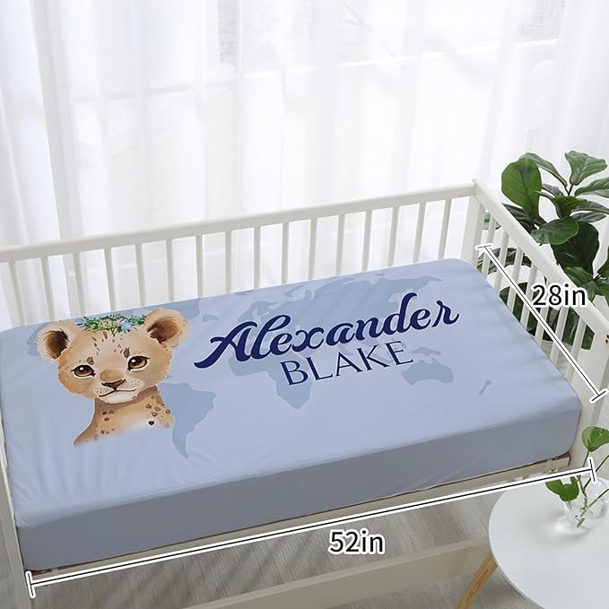 Personalized Baby Crib Bedding Set for Baby Boys Girls, Blue Leopard Pattern Custom Name Baby Crib Sets 5-Pcs, Toddler Double Layer Blanket Fitted Sheets Changing Pad Cover Rug Wall Art Set