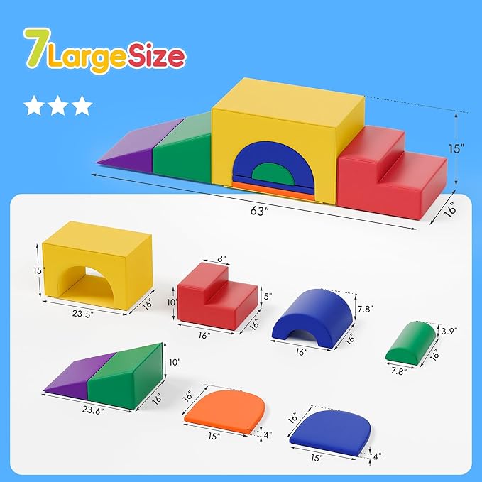 Soft Foam Climbing Blocks Set – Large 5-in-1 Soft Play Toys Crawling & Sliding Climbing Arch for Toddlers, Foam Playset for Nursery,Preschool (Classic American Color)