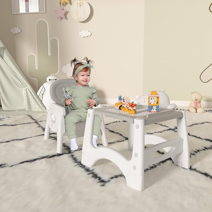 Xilingol 8 in 1 Convertible Baby High Chair W/Wheels, Baby Feeding Chair W/Adjustable Backrest & Removable Dual Tray, Building Block Table & Chair Set, HighChair for Babies & Toddlers (Grey)