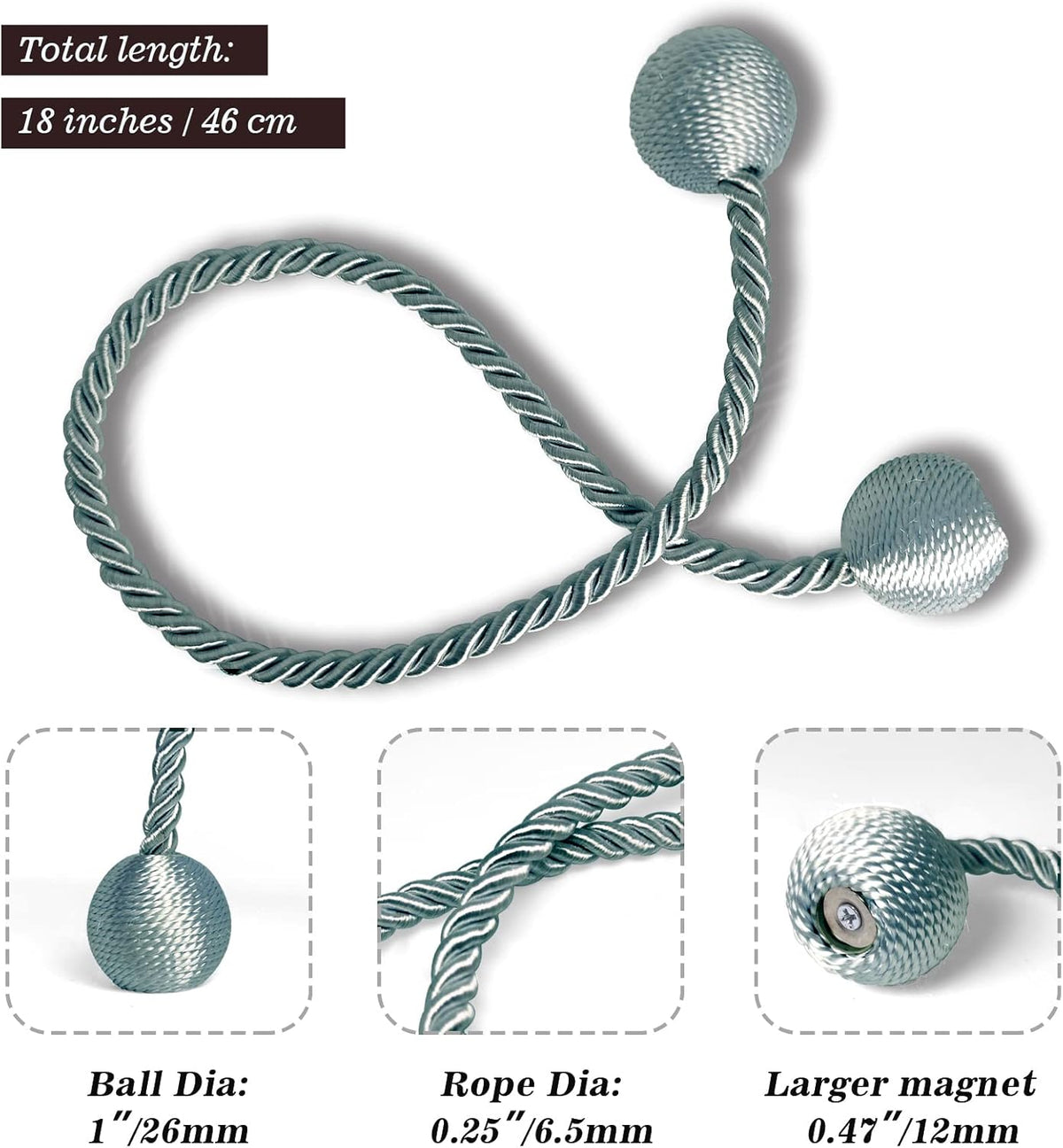 Hion Magnetic Curtain Tiebacks Gray Blue 4 Pack, Curtain Tiebacks Buckles Holdbacks Holders Hooks Clip for Home Bedroom Office Decorative Thick or Thin Curtain
