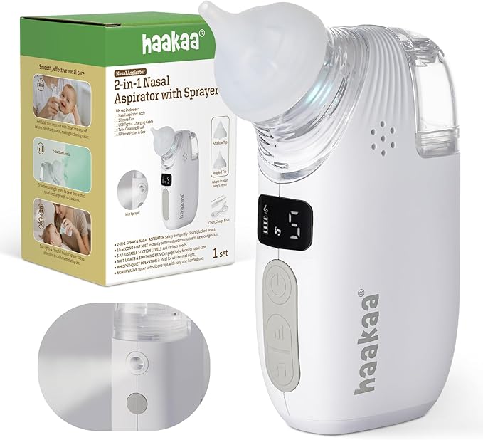 Haakaa Nasal Aspirator for Baby, 2-in-1 Electric Baby Nasal Aspirator with Sprayer – Baby Nose Sucker, Nose Sucker for Baby – 5 Adjustable Suction Levels up to 65kPa, Quiet, Music & Lights