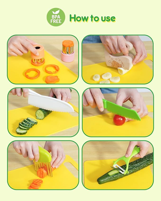 Kids Kitchen Knife Set, 11 Pcs Montessori Kitchen Tools for Toddlers' Real Cooking, Include Kid Knives, Crinkle Cutter, Sandwich Cutters, Peeler, Cutting Board for Birthday