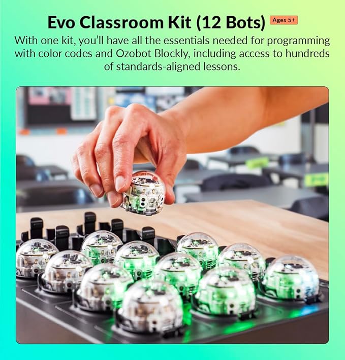 Evo Classroom Kit (12 Bots): Interactive Coding Robot, Kids Ages 5+, Includes 12 Evo Robots, Color Code Markers, Charging Cradle, Bot Stickers, Access to 700+ STEAM Lessons, Educators & Parents