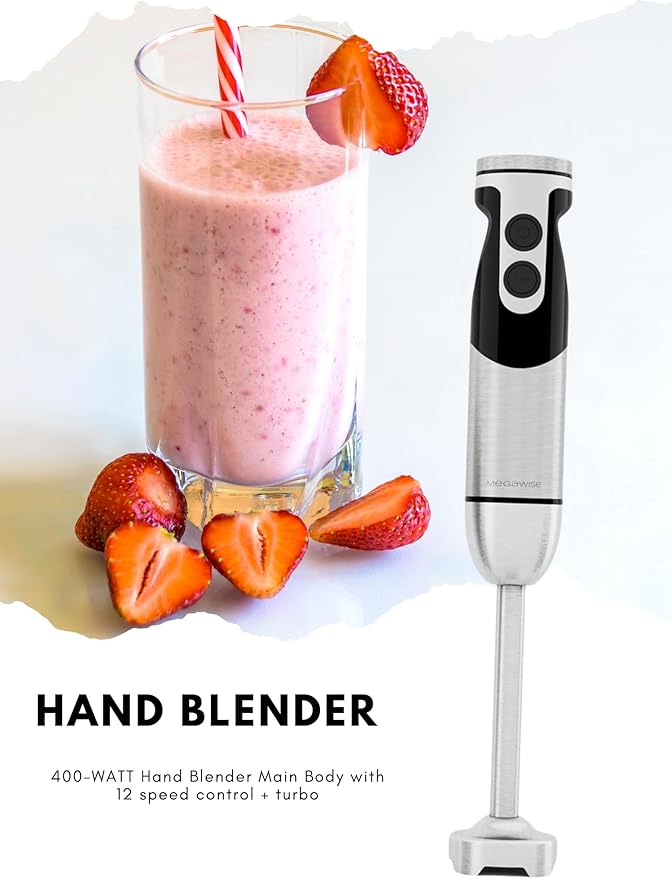 MEGAWISE new Hand Blender Series Only one Hand Blender,no attachments,12-Speed,Includes Powerful Blender Stick- Easy to Clean and Perfect for Smoothies, and More (black)
