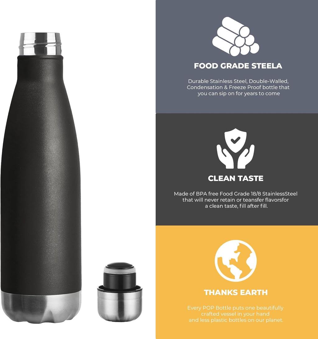 MEWAY 17oz Sport Water Bottle 8 Pack Vacuum Insulated Stainless Steel Leak-Proof Double Wall Cola Shape Water Bottle,Keep Drinks Hot & Cold (Black,8 Pack)