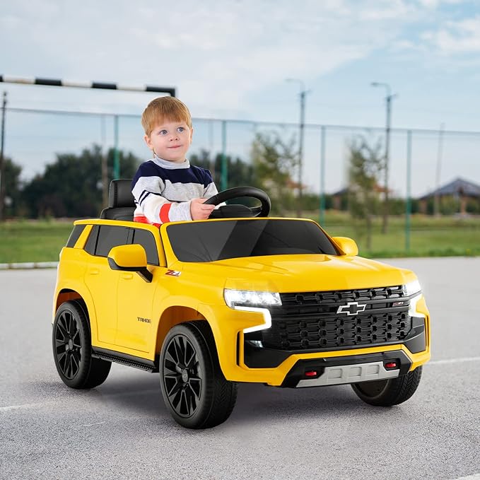 Costzon Ride on Car, 12V Licensed Chevrolet Tahoe Battery Powered Electric Vehicle w/ 2.4G Remote Control, High/Low Speed, Music, Lights, MP3/USB/FM, Spring Suspension, Electric SUV for Kids (Yellow)