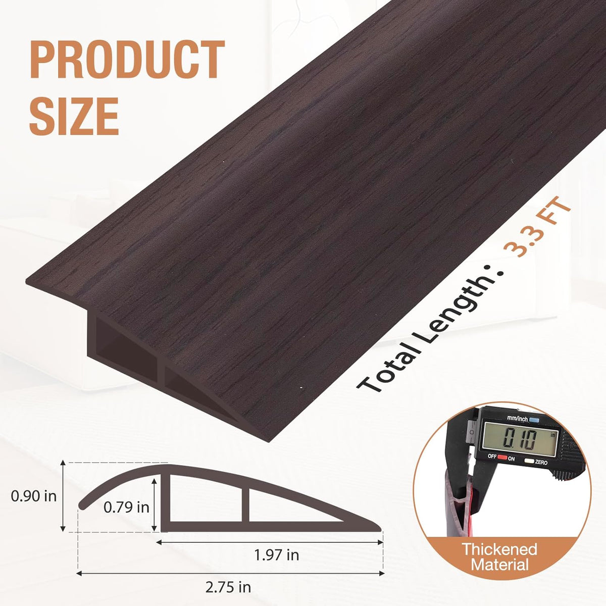 Floor Transition Strip Self Adhesive Vinyl Door Threshold for Doorways Carpet Edging Trim Overlap Edge Reducer for Laminate Floor, Carpet, Tile (Dark Walnut Grain, 3/5" to 4/5", 3.3Ft)