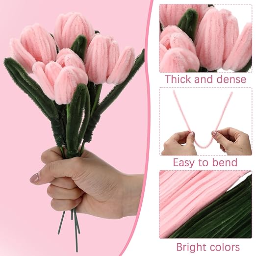 DaisyInner 700 Pcs Halloween Fall Pipe Cleaners Craft Bulk Pastel Chenille Stems Flower DIY Gradient Colored Fluffy for School Classroom Thanksgiving Christmas Party Supplies(Pink,Green)