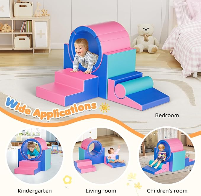 Lischwert Foam Climbing Blocks for Toddlers 1-3, 5pcs Soft Play Set with Tunnel Crawling Exploration Toys, Indoor Infant Safe Blocks for Baby Gym & Toddler Playground - Blue Pink