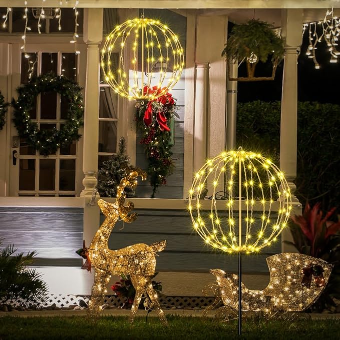 Lightshare 16IN 128LED Light Ball Yard Decoration Pathway Lights Sphere Light with Fold Flat Metal Frame Indoor Outdoor Waterproof Garden Lights, Plug in