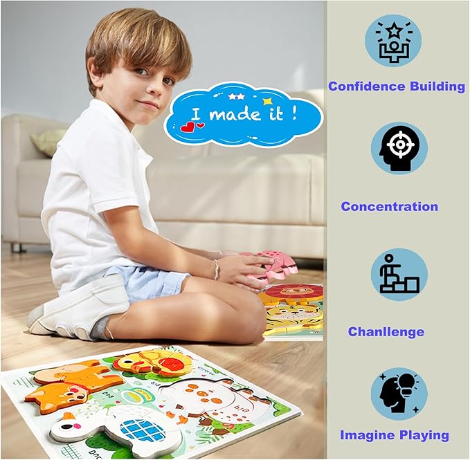 Wooden Animal Puzzles for Toddlers 1-3,Wood Puzzles Ages 2-4, Toys for 2 3 Years Old Girls Boys,Montessori Toddler Toys 2-3 Preschool Learning Educational Gifts