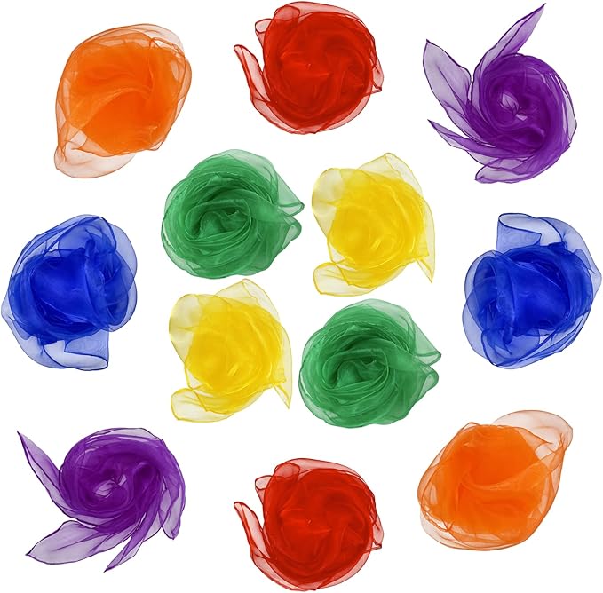 Dance Scarves for Kids 12 Pcs Music Scarves Dance Scarf Play Scarves for Children Movement Square Juggling Silk Tricks Scarves Rhythm Band Scarves(6 Colors,24" x 24")