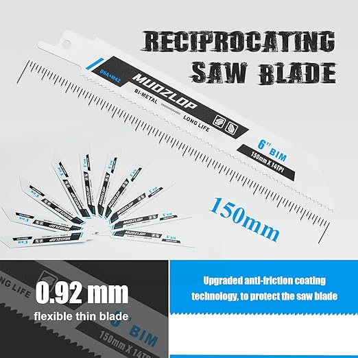 10 Pack 6 inch Reciprocating Saw Blades Set,14 TPI High Carbon Saw Blades,Metal Saw Blades with Organizer Case (10, 14TPI/150mm)