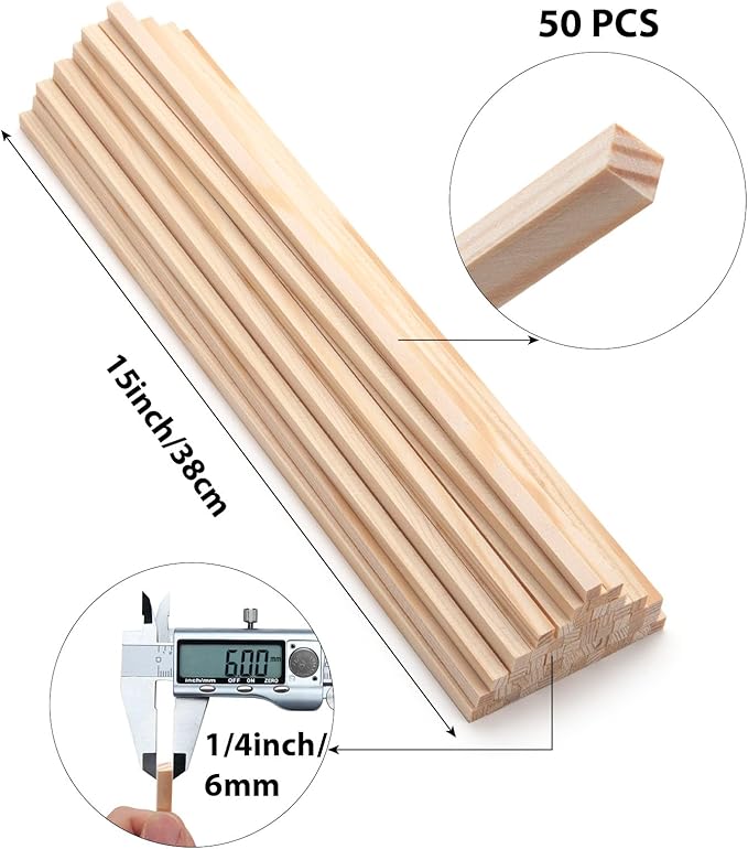 1/4" x 15"Square Wooden Dowel Rods, 50PCS Small Square Wooden Dowels Unfinished Wood Craft Sticks Hardwood Pieces Wooden Strips for Arts and DIYers, DIY Projects Home Decor Woodworking
