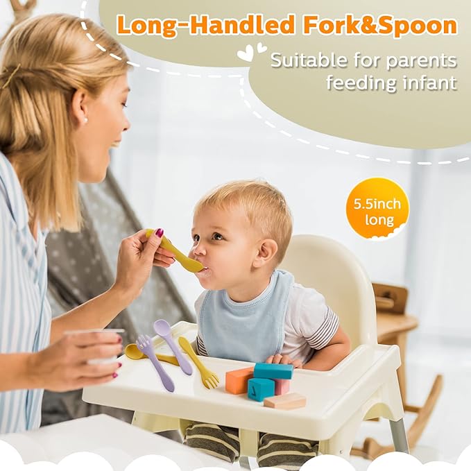 10 Pieces Baby Led Weaning Spoons and Forks Set Infant Silicone Spoon First Self Feed Baby training Utensils for Toddler First Stage Feeding Supplies for Kids Over 6 Months, 5 Pairs(Fresh Colors)