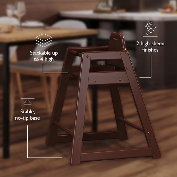 Foundations Neat Seat Wood Highchair for Restaurants, Easy to Clean, “No-tip” Feet, 3-point Safety Harness, Durable Hardwood, Small Footprint, Stackable (Antique Cherry)