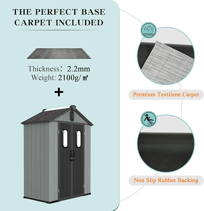 Domi 5x3FT Resin Outdoor Storage Shed with Lockable Door, Waterproof Outside Sheds with Windows & Vents, Heavy-Duty Plastic Tool Storage Shed for Patio Furniture, Lawn Mower, Bike