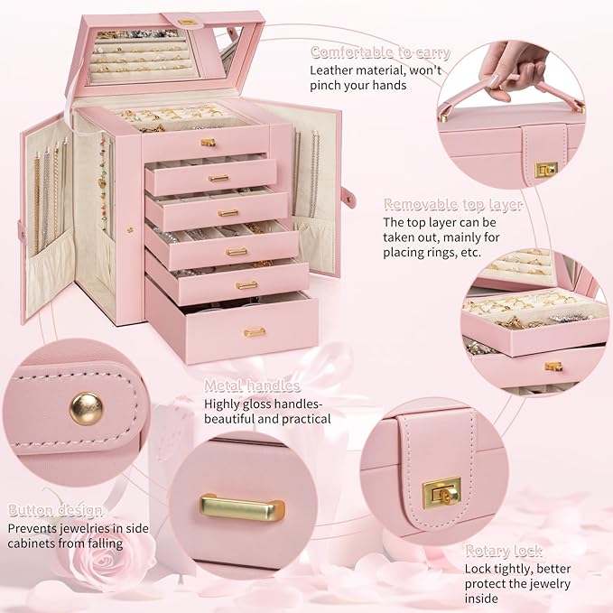 AKOZLIN 6-Tier Jewelry Box Organizer Functional Leather Jewelry Storage Case for Women Girls Ring Necklace Earring Bracelet Holder Organizer with Mirror