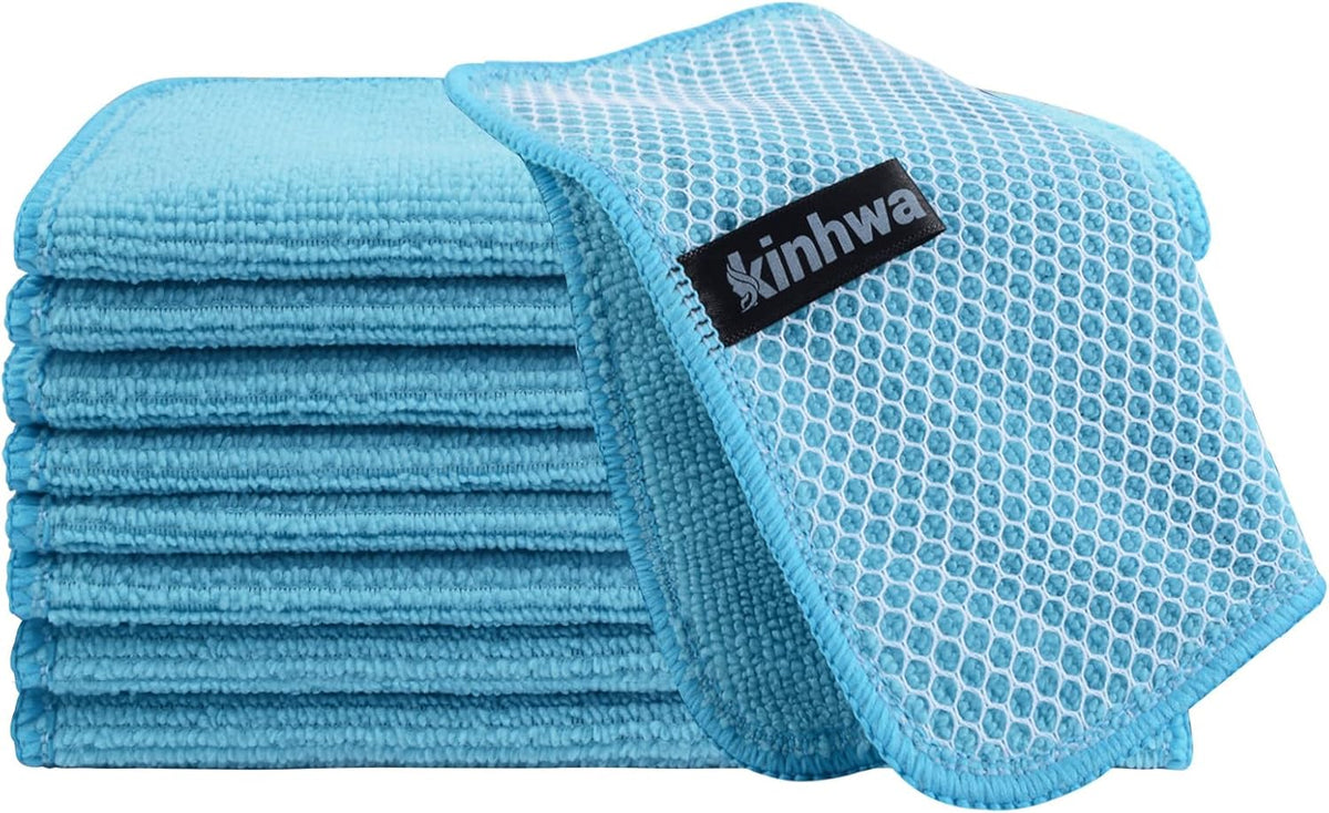 KinHwa Kitchen Washcloths for Dishes Absorbent Microfiber Dish Cloths Quick Dry Dish Rags with Poly Scour Scrub Side Ideal for Kitchen Cleaning (Blue, 12inchx12inch 9 Pack)