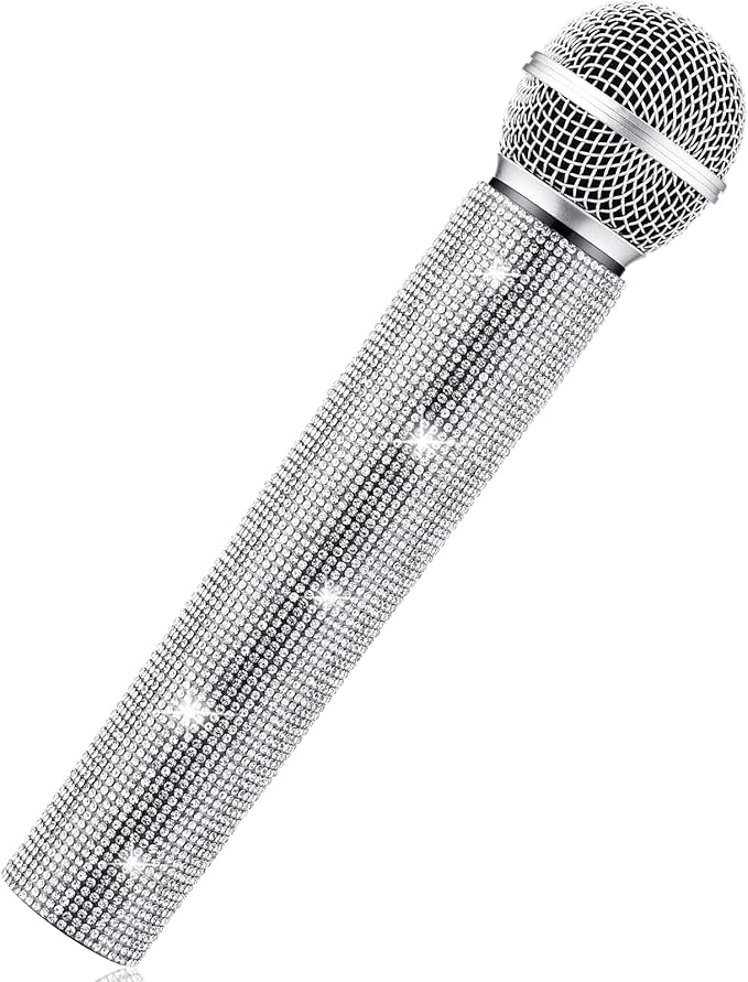 Sanwuta Fake Microphone Prop Sparkly Bling Rhinestones Plastic Play Microphone Pretend Glitter Bedazzled Mic for Cosplay Party Costume(Silver)