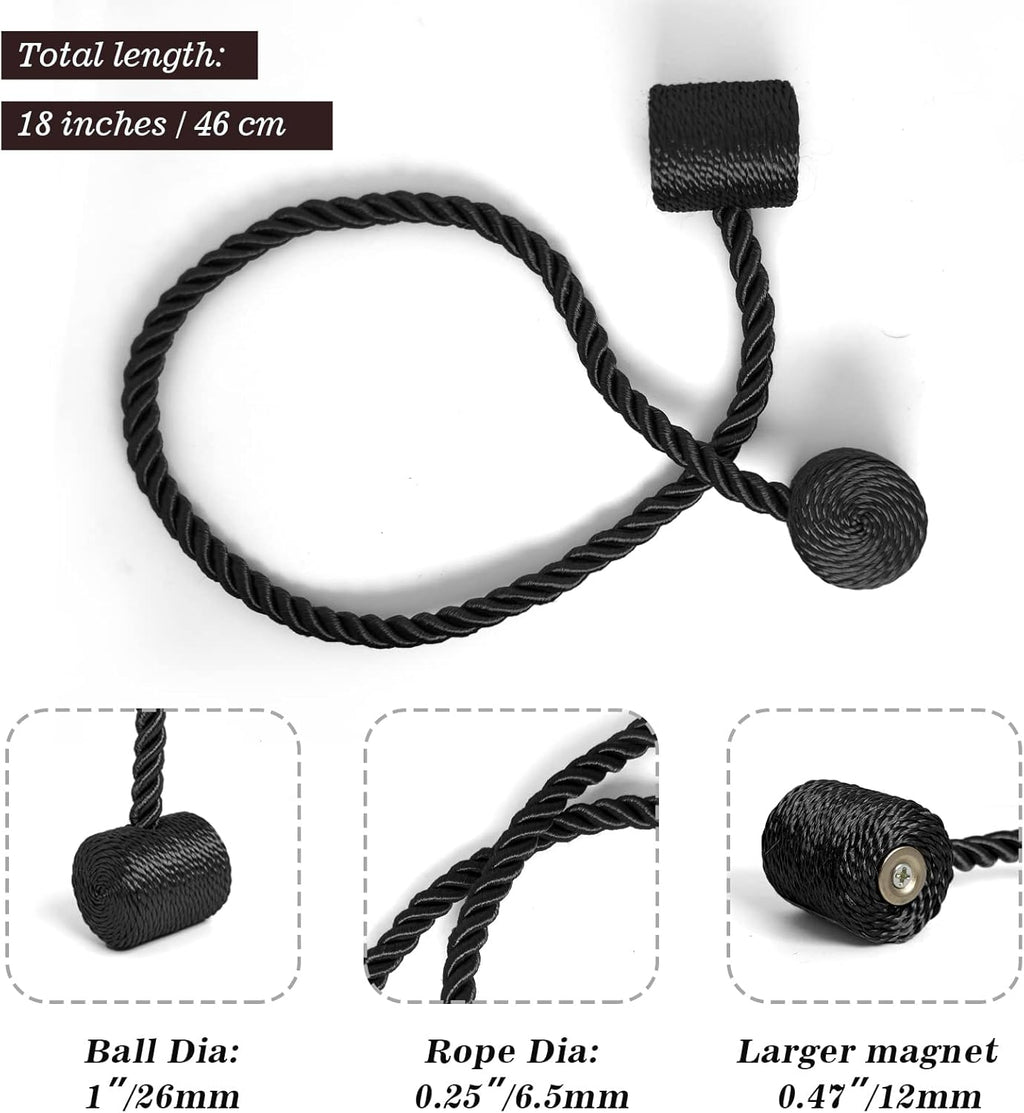 Hion Magnetic Curtain Tiebacks Black 6 Pack, Curtain Tiebacks Buckles Holdbacks Holders Hooks Clip for Home Bedroom Office Decorative Thick or Thin Curtain