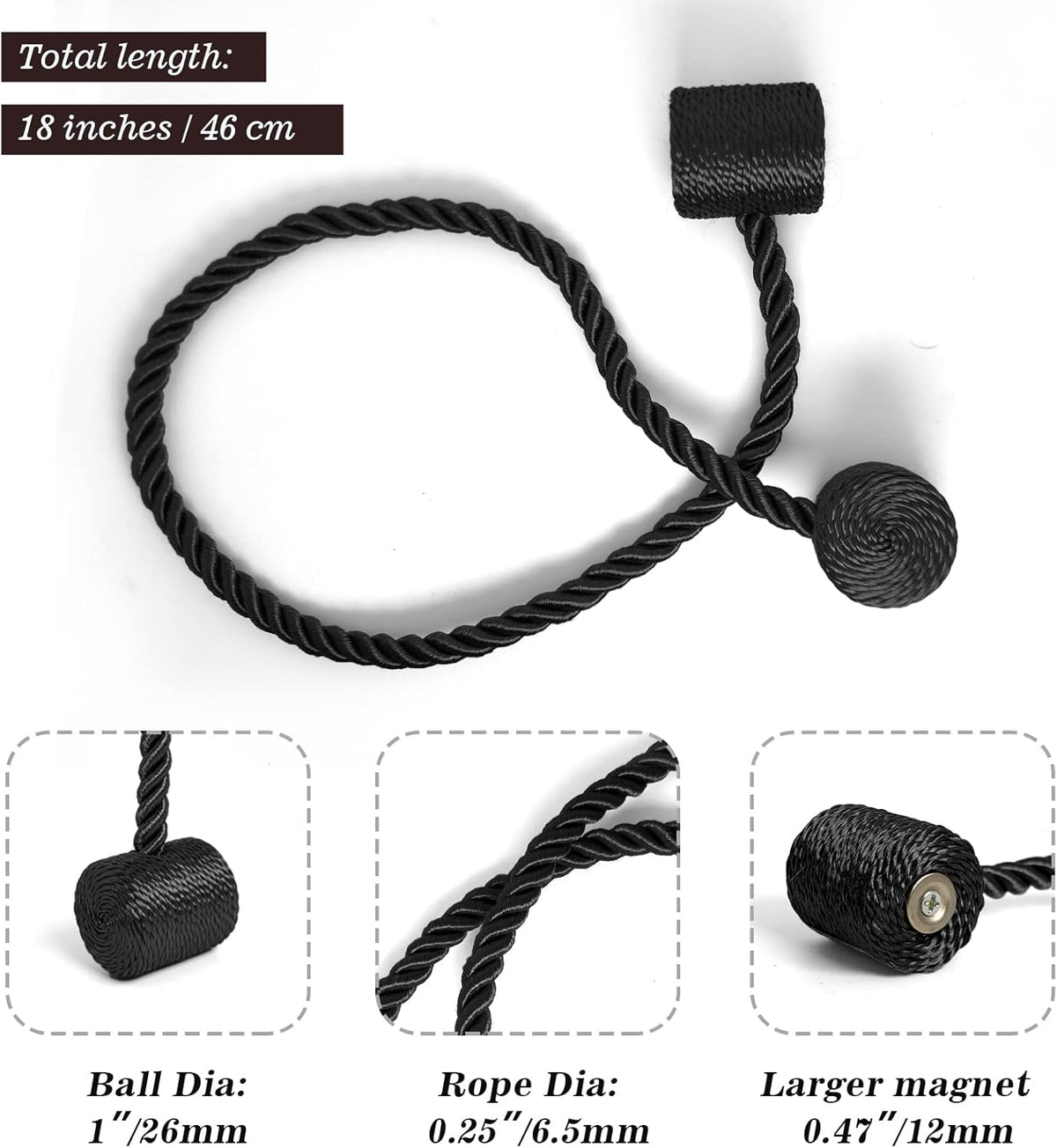 Hion Magnetic Curtain Tiebacks Black 6 Pack, Curtain Tiebacks Buckles Holdbacks Holders Hooks Clip for Home Bedroom Office Decorative Thick or Thin Curtain