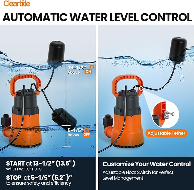 Cleartide Submersible Sump Pump with Tethered Float Switch, 1/2 HP Utility Water Pump, Electric Drain Pump Handles 3/8" Solids, 10 FT Cord