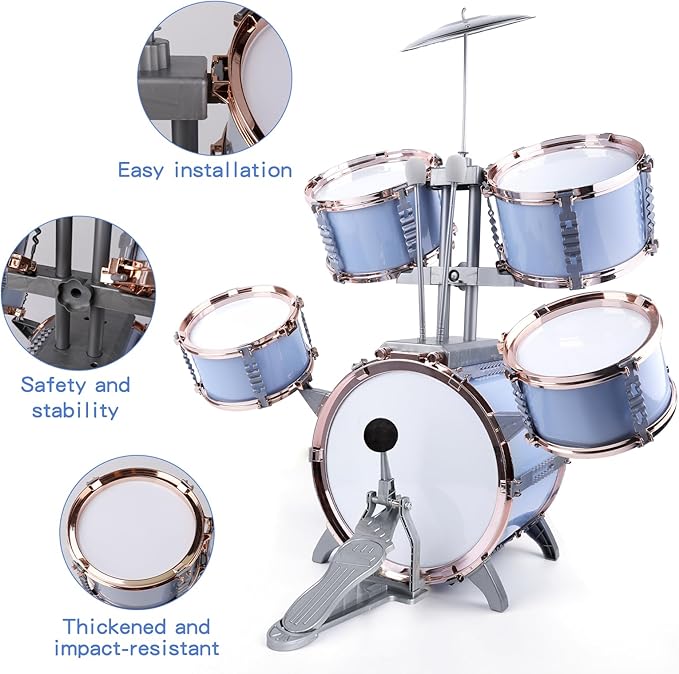 M SANMERSEN Kids Jazz Drum Set - 5 Drums with Stool - Rock Jazz Drum Kit - Musical Enlightenment Educational Toys Gift for Boys Girls