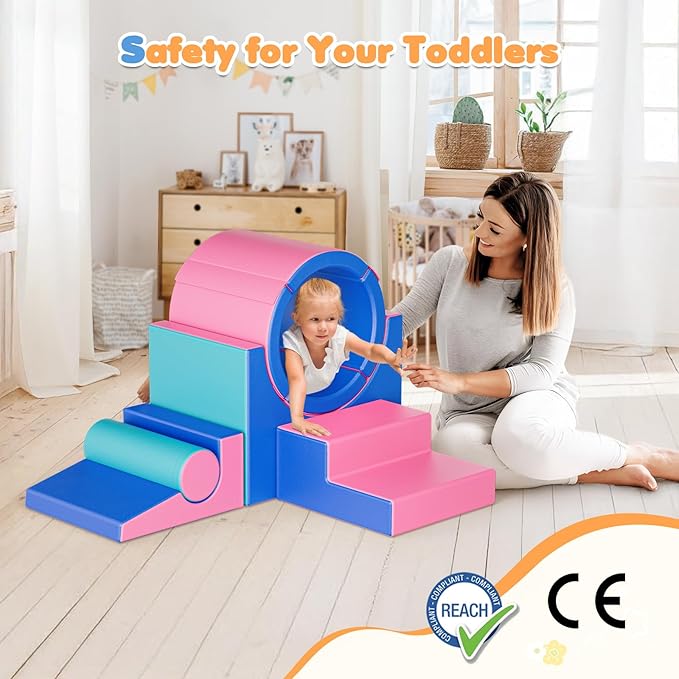 Lischwert Foam Climbing Blocks for Toddlers 1-3, 5pcs Soft Play Set with Tunnel Crawling Exploration Toys, Indoor Infant Safe Blocks for Baby Gym & Toddler Playground - Blue Pink