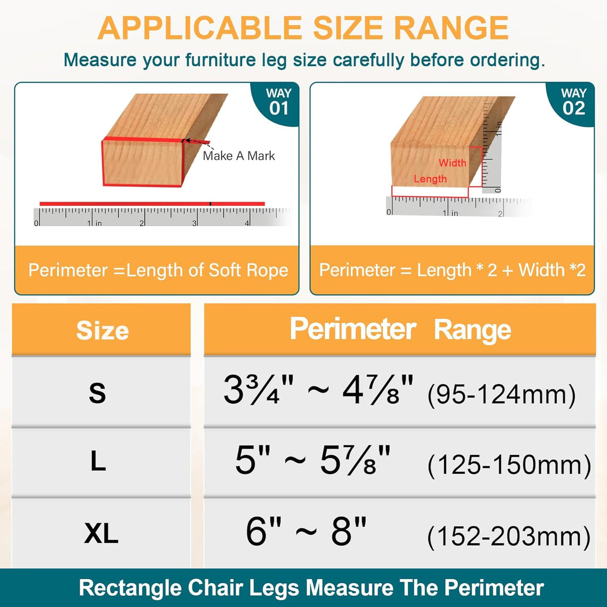 32 Pcs Rectangle Chair Leg Floor Protectors for Hardwood - Silicone Felt Furniture Pads, Scratch/Noise Reducing Covers, Large (Fit Perimeter 5" to 5-7/8")