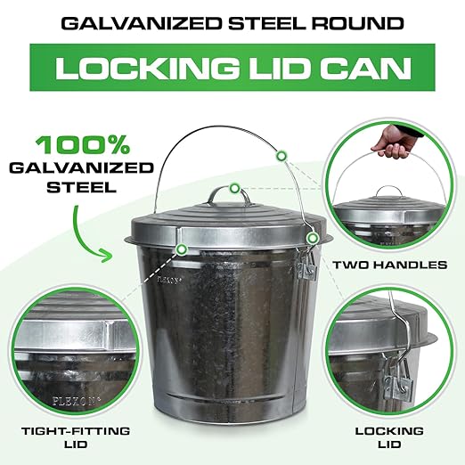 Plexon 10 Gallon Trash Can with Lid Galvanized Metal Bucket with Locking Lid for Poultry Feed Bird Seed Storage Ash Small Garbage Can, 6 Pack