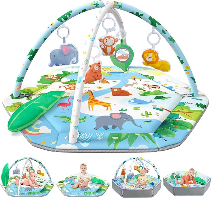 Baby Gym Play Mat, 8-in-1 Tummy Time Mat & Activity Gym Mat Ball Pit with Detachable Toys, Washable Infant Play Mat for Visual, Hearing, Sensory, Motor Development, Newborn Baby Toys Gift for Toddler 0-3-6-9-12 Months Easy to Install
