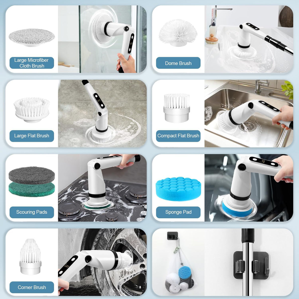 IEZFIX Electric Spin Scrubber, Bathroom Power Shower Scrubber Cleaning Brush for Tub/Tile/Floor/Toilet/Kitchen, 8 Cleaner Scrub Brush Heads, 3 Speeds 450RPM Max, Telescopic Rod Black