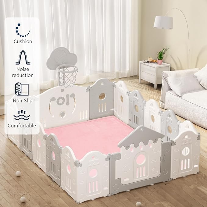 ACOMOPACK Baby Play Mat for Floor 1.3" Thick Memory Foam Play Mat 79"×118" Tummy Time Crawling with Non-Slip Bottom for Living Room,Nursery,Soft Velvet Playpen Mats for Kids,Infants（Pink）