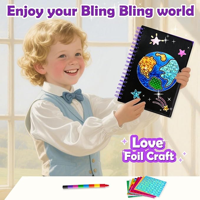 FUNNYB&G Foil Art Craft Activity for Kids - Gift for Boys Crafts for Kids Fun Art Supplies DIY Creative Travel Toy, Birthday Gift Party Favor Toys for Girls Boys 4 5 6 7 8 9 Years Old (Space)