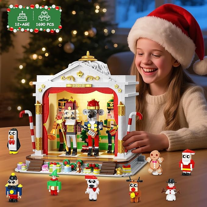 2025 Christmas Nutcracker Theater Building Set with Light, 3.6 Mini Building Block Toy with 4 Nutcrackers & 8 Minifigures, 1690PCS with Xmas Tree Train for Adult Girl Boy Age 12+