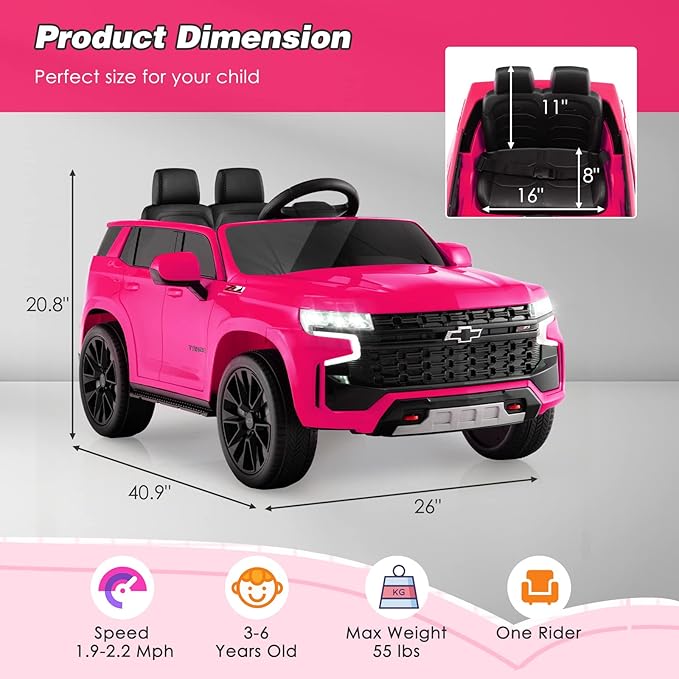 Costzon Ride on Car, 12V Licensed Chevrolet Tahoe Battery Powered Electric Vehicle w/ 2.4G Remote Control, High/Low Speed, Music, Lights, MP3/USB/FM, Spring Suspension, Electric SUV for Kids (Pink)