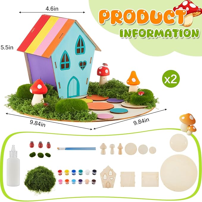 Kathfly 2 Sets Wooden Fairy House Craft Kit, Fairy Garden Kit with Paints & Decorations, Unpainted Miniature Accessories for Home Event Party Decor, Arts Crafts Birthday Gift