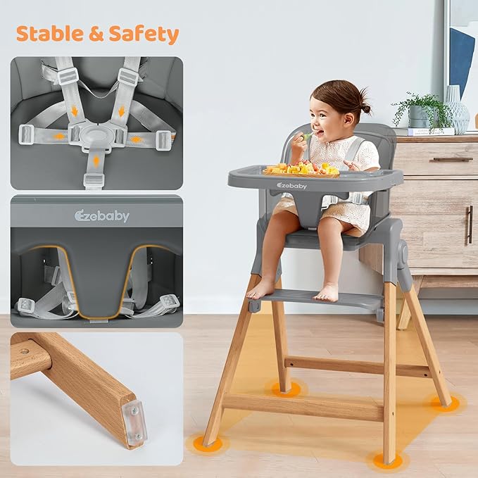 Ezebaby Foldable Wooden High Chairs, 3-in-1 Convertible Baby High Chair, Dining Booster Seat, Toddler Chair, Easy Clean High Chairs for Babies and Toddlers with Large Adjustable Tray- Transparent Gray