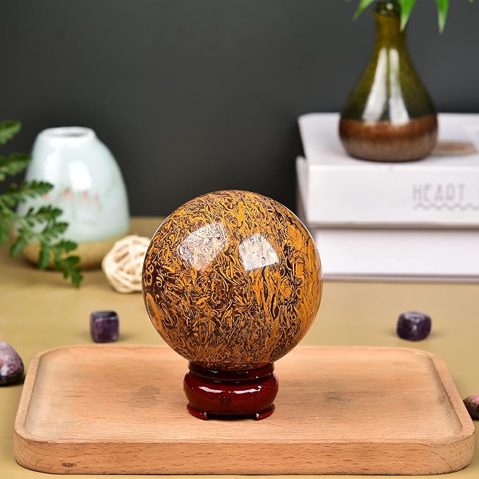 JIC Gem Golden Jade Quartz Crystal Ball Healing Crystal Gemstone Sphere with Decorative Wooden Stand for Meditation Gifts Decoration (80-90mm)