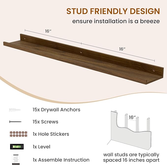 Axeman Picture Ledge Shelf, Floating Shelves for Wall Decor Storage Set of 6, 36 inch Floating Wall Mounted Shelves, Wall Shelves with Lip for Living Room, Bedroom, Nursery, Bathroom, Kitchen, Walnut