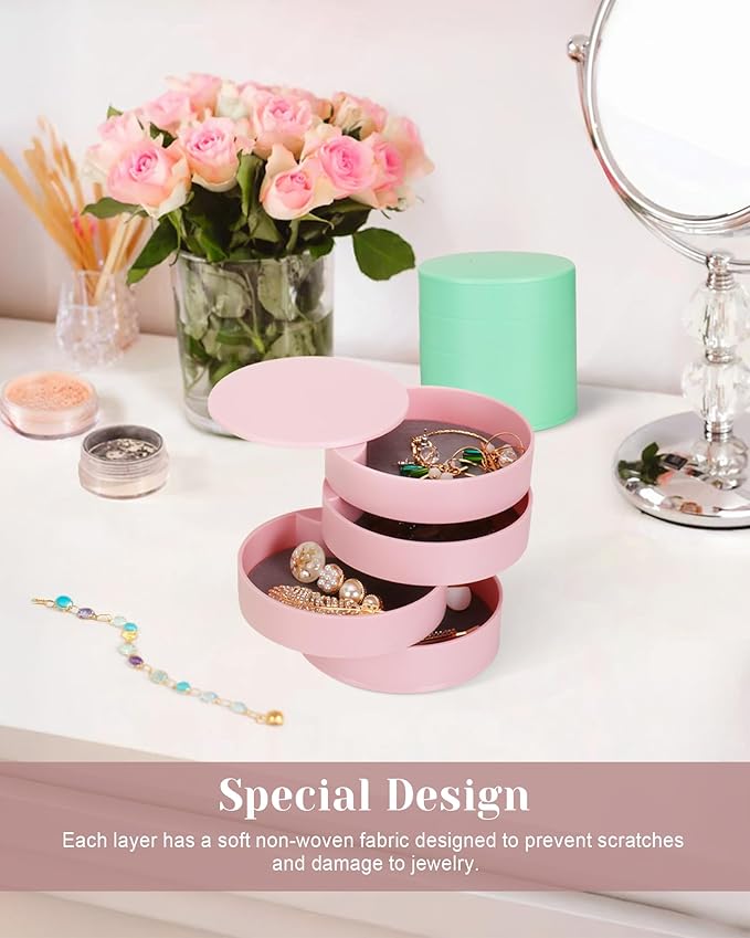 CONBOLA Jewelry Organizer, Small Jewelry Storage Box Earring Holder for Women, 4-Layer Rotating Travel Jewelry Tray Case with Lid for Bracelets Rings Bracelets, Gift for Women Teen Girls