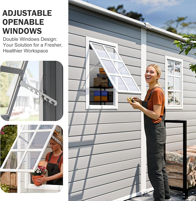 CDCASA 4x8 FT Resin Lean to Shed, Waterproof Outdoor Storage Sheds with Floor & Adjustable Openable Windows, Outside Plastic Tool Shed for Backyard Patio Poolside Garden, Gray