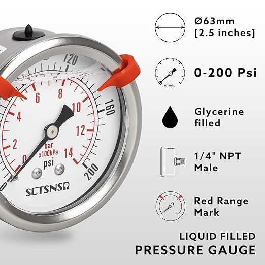 0 to 200 Psi Pressure Gauge, Glycerin Liquid Filled, 2.5 inch Dial, 1/4" NPT Back Mount, Stainless Steel Case, for Air Compressor, Shock, Water System, Well Pump, Tank, Pipe, Pressure Test