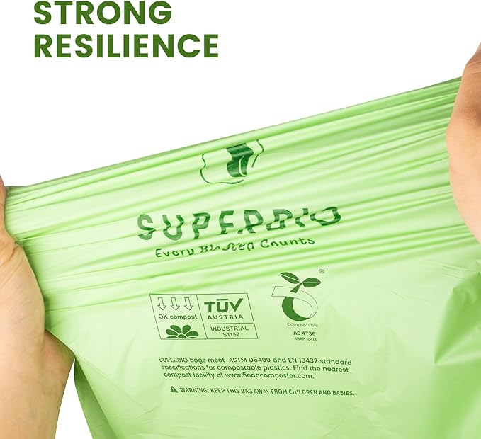 SUPERBIO 13 Gallon Compostable Drawstring Kitchen Waste Bag, 49.2 Liter, 30 Count,1 Mil, Heavy Duty Food Scrap Bags, BPI, Seedling and OK compost INDUSTRIAL