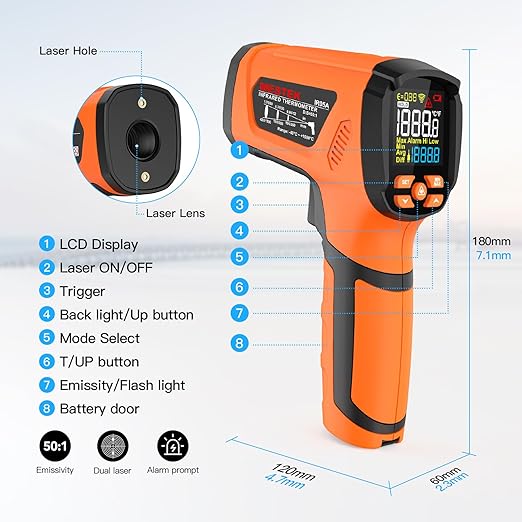 MESTEK Infrared Thermometer Temperature Gun -40℉~2912℉, High Temp Thermometer with Thermocouple Probe, Non-contact Digital Laser Thermometer Gun 50:1 Pyrometer for Industrial HVAC Forge Metal Smelting