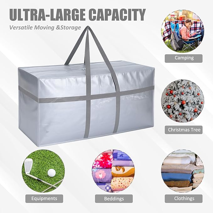4 Pcs 96 Gallon Large Moving Bags with Zipper and Handles Foldable Storage Duffle Bags Heavy Duty Extra Large Totes for College Dorm Travel Clothes Blankets Bedding Moving (Silver)