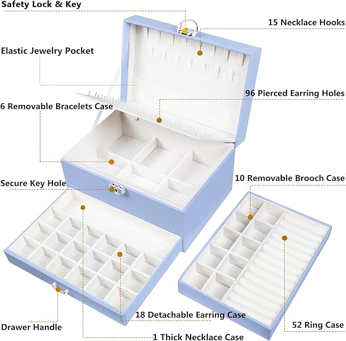 Earrings Jewelry Box for Girls, 5 Layers Jewelry Organizer with Earring Holder Organizer for Girls Earring Organizer Jewelry Boxes for Women Earrings and Necklaces Jewelry Box Organizer Blue