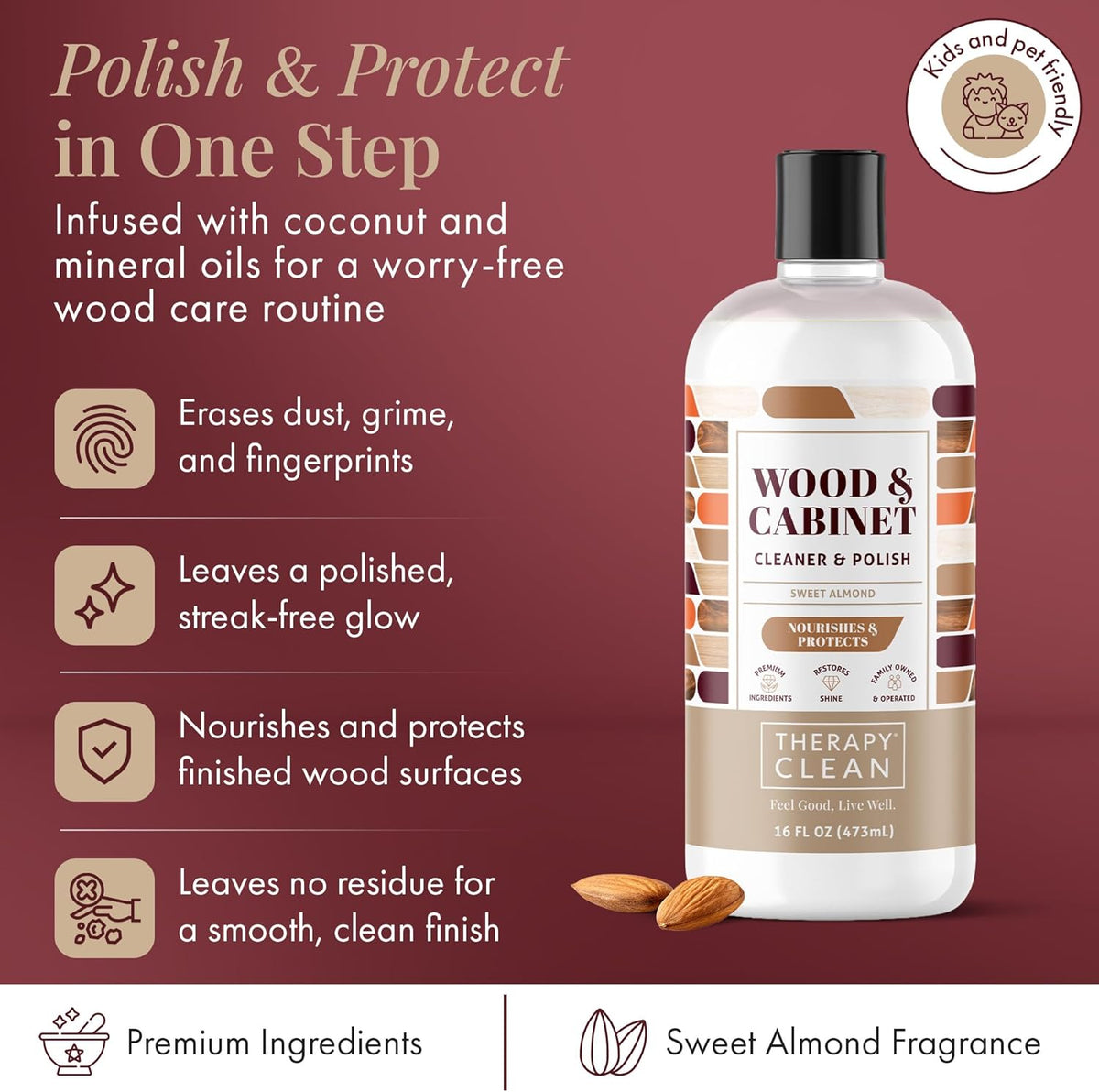 Therapy Wood Polish Bundle with Microfiber 16 oz. - Wood Furniture Polish, Best Furniture Cleaner - Almond Scent - Cleaner, Cabinet and Table Restorer, Natural Conditioner