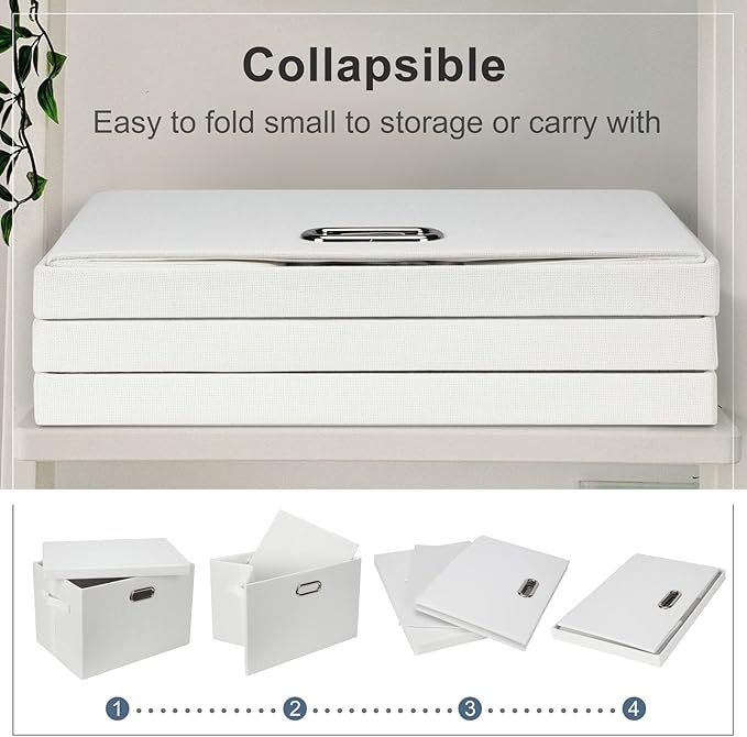 Large 17" 36 Quart Collapsible Stackable Storage Bins with Lids, 1 Pack White Foldable Fabric Closet Storage Boxes with Lids, 4 Handles Heavy-duty Linen Cube Baskets for Bedroom